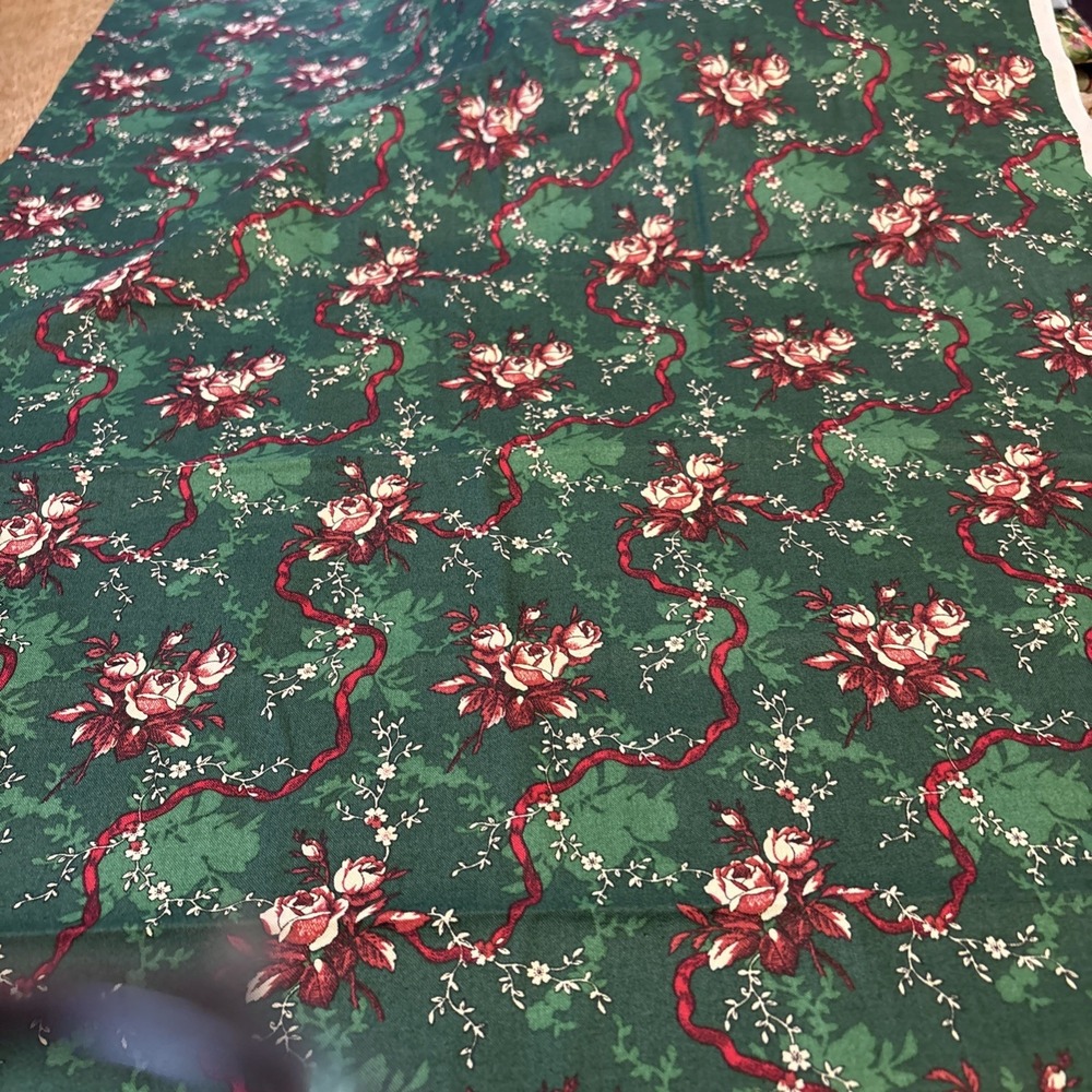 David Textiles Vintage Cotton Fabric Dark Green Red Holly Bows 1.5 Yard Holiday